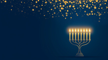 Golden hanukkah menorah with burning candles on blue background with glitter. Traditional jewish holiday celebration concept with copy space for text. Religious festival greeting card.