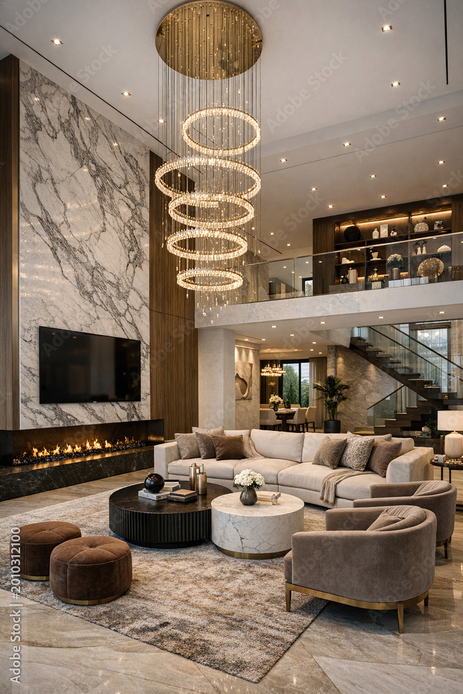 Fototapeta premium Beautiful interior design in a lobby with marble walls and ceiling lights.