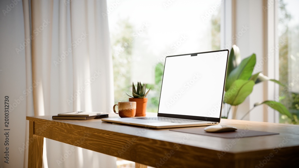 Fototapeta premium Laptop Blank Screen Mockup on Desk in Bright Modern Home Office - Angled View