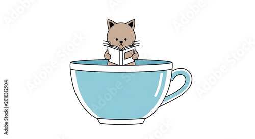 Cute cartoon cat reading a book inside a blue teacup