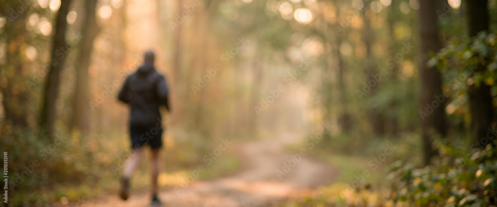 Obraz premium Blurred figure jogging along a forest path surrounded by golden sunlight and autumn foliage creates a warm and peaceful outdoor scene ideal for fitness and nature themes.