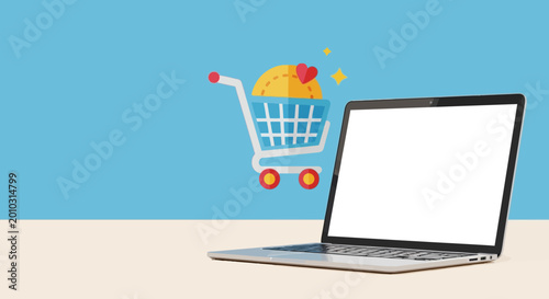 Online Shopping Concept: Laptop, Shopping Cart, Heart Icon on Blue Background