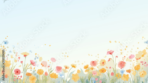 Εκτύπωση καμβά watercolor wildflower field with pastel blooms and a soft blue sky background hi