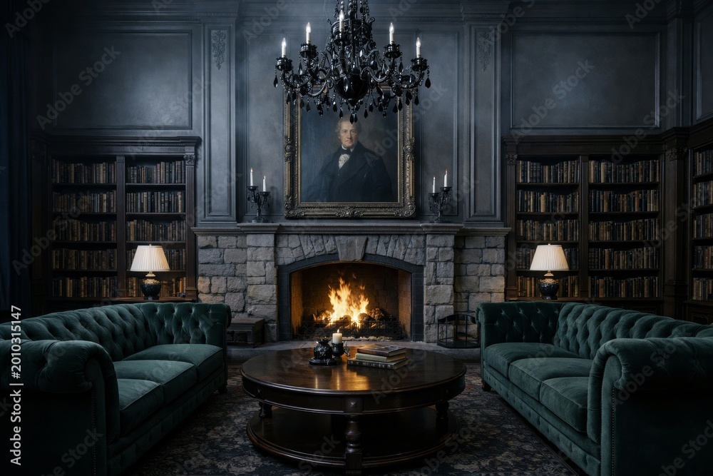Naklejka premium Elegant vintage library interior with fireplace and sofas. Ai generative