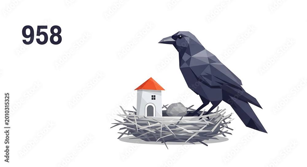 Obraz premium Low poly illustration of a crow sitting in a nest with a small house and a stone