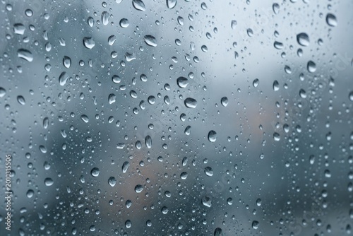 Close-up of rainwater droplets on a transparent glass surface, showcasing a reflective, blurry cityscape background, capturing the essence of urban rain, atmospheric photography, moody lighting
