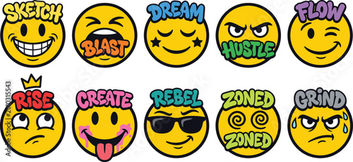 Obraz na płótnie Graffiti emoji vector set, collection of cartoon faces with motivational words,