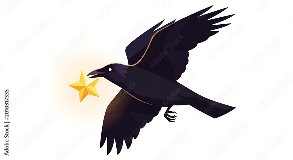 Naklejka premium A black crow flying and holding a glowing golden star in its beak