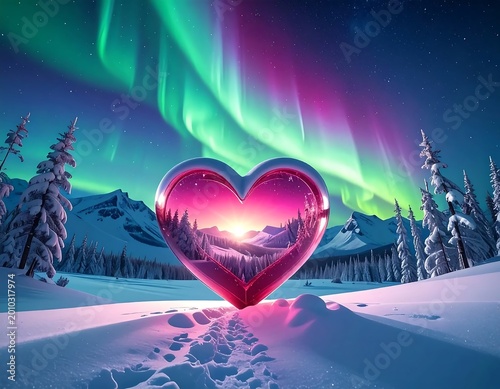 Large Pink Glass Heart Digital Illustration Glowing In Winter Landscape Under Aurora Borealis Night And Snowy Mountains