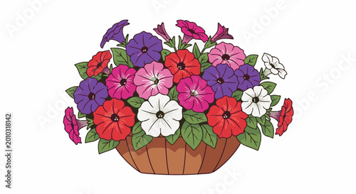 Vibrant petunias bloom in a brown basket on a white background