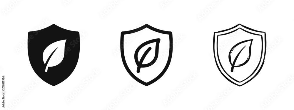 Obraz premium Eco protection shield with leaf icon set for environmental safety in three styles