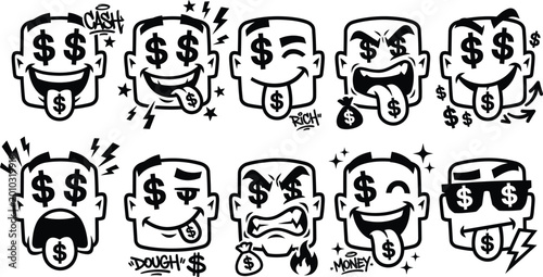 Tableau sur toile Emoji set, rich character face collection with cash symbols and greedy expressio