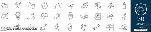Foto Running and athletics line icon set with 30 icons runner, jogging, fitness, marathon, workout, exercise, shoes, stopwatch