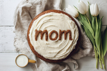 Mother's Day cake with 'mom' text on white frosting, flat lay