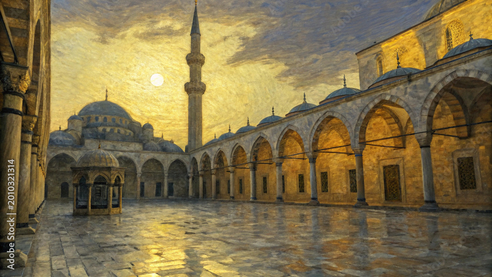Fototapeta premium Beautiful golden sunset light illuminates the historic courtyard of an ancient stone mosque