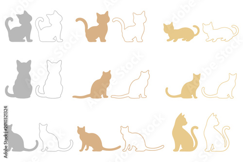 Sitting Cat Silhouette and Outline Illustration Set
