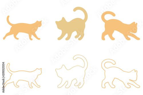 Walking Cat Silhouette and Outline Illustration Set