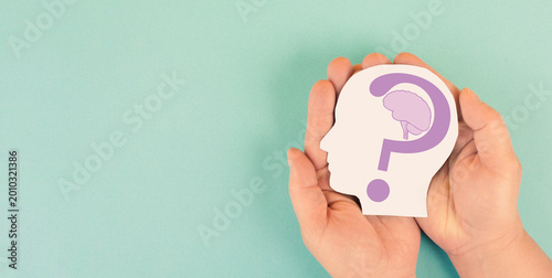 Alzheimer awareness day, dementia diagnosis, Parkinson disease, memory loss disorder, shrinking brain with question mark, damaged mind 