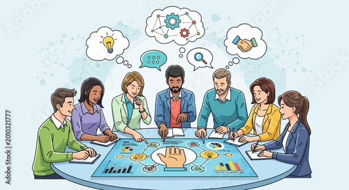 Diverse group of people brainstorming ideas.