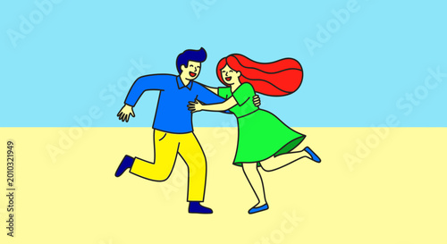 A cartoon man and woman running together.