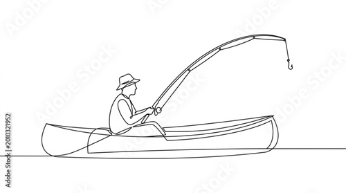 Foto Continuous line drawing man fishing in canoe vector set minimal one line outdoor