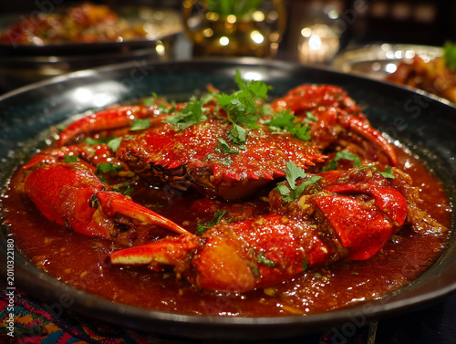 Singapore chili crab with spicy red sauce and cilantro