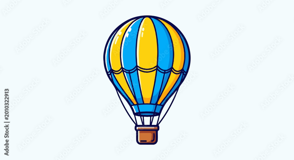 Naklejka premium A cartoon hot air balloon with blue and yellow vertical stripes, suspended against a pale blue background
