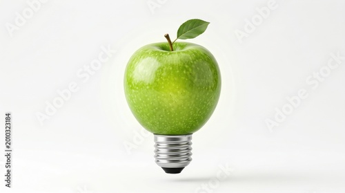 Green apple shaped like a light bulb isolated on white background