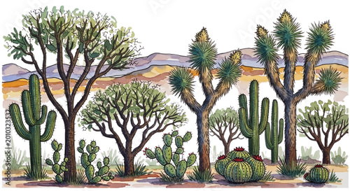 Watercolor Desert Tree and Cactus Collection with Joshua Trees, Saguaros and Arid Nature Elements