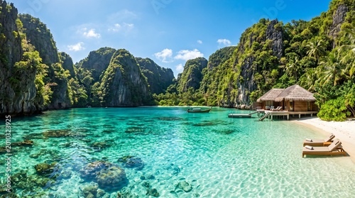 A serene tropical lagoon with crystal-clear turquoise water, nestled between lush limestone cliffs. Overwater bungalows and a sun-drenched beach offer a perfect island escape.