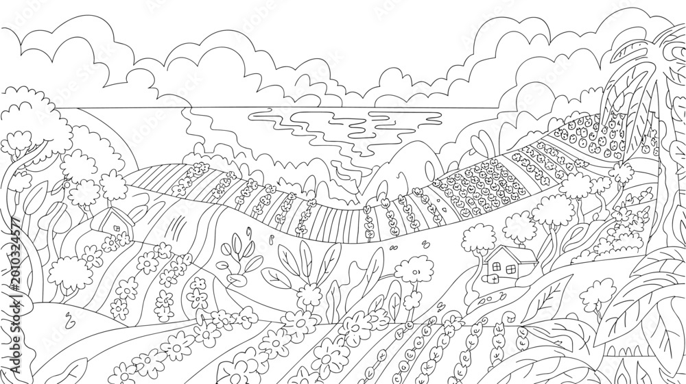 Obraz premium Detailed black and white line art illustration of rural farmland landscape