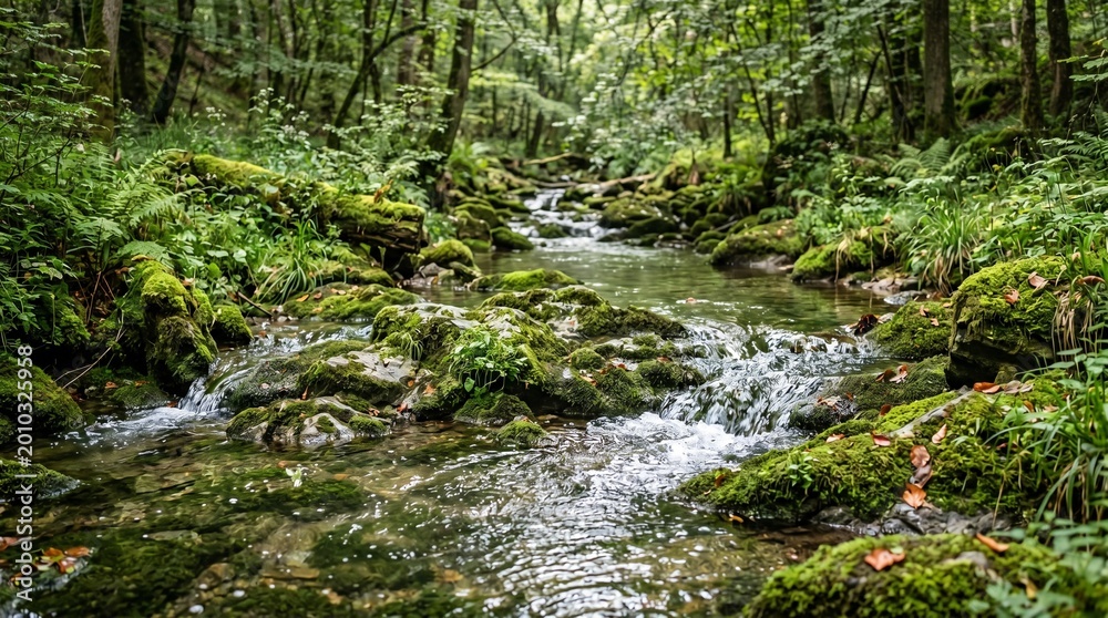 Fototapeta premium A serene, crystal-clear stream flows over vibrant green mossy rocks in a lush, ancient forest. Sunlight filters through the dense canopy, highlighting the peaceful wilderness.