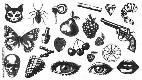 Schilderij op canvas assorted vintage illustrations of objects including a skull butterfly and fruit