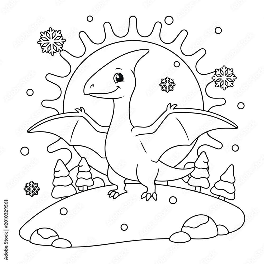 Obraz premium Pterodactyl dinosaur stands on a snowy hill with pine trees and snowflakes for a kids coloring page