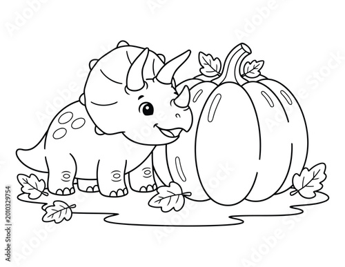 Konstfotografi Dinosaur cute triceratops with pumpkin and autumn leaves simple outline illustra