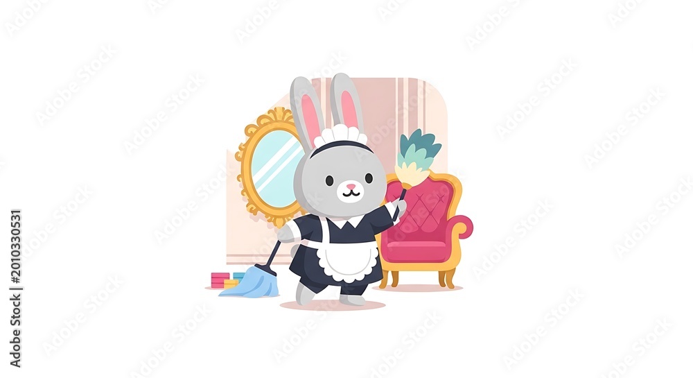Fototapeta premium A cartoon-style illustration features a bunny dressed as a maid holding a duster and broom, with decor elements