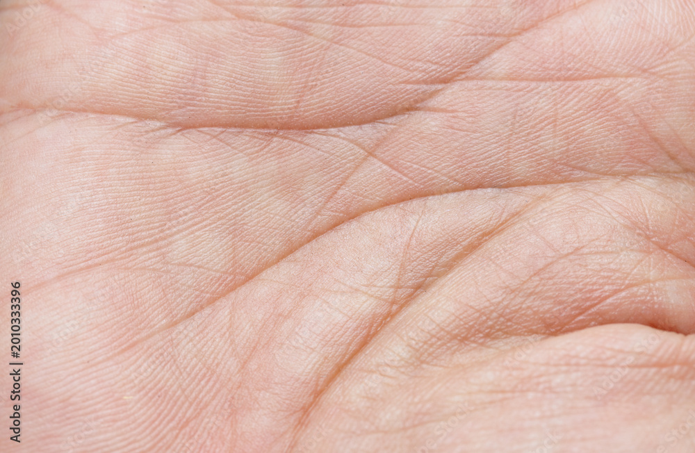 Fototapeta premium Extreme close-up of human palm skin texture showing detailed lines and wrinkles,Macro,A macro shot focusing on the intricate details of a human palm, highlighting the natural skin texture, deep.