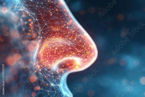 Abstract human nose with glowing digital neural network structure
