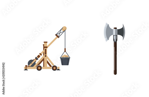 Quadro su tela Ancient siege weapon and battle axe vector illustration on white background