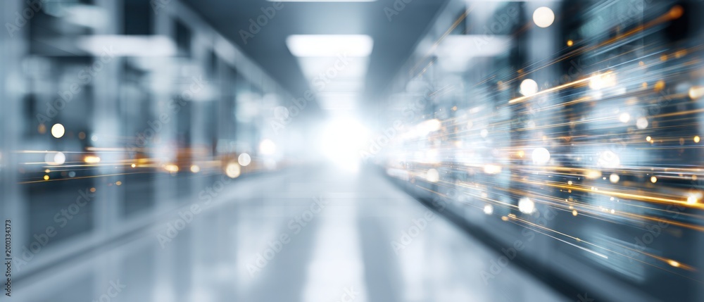 Fototapeta premium Abstract data center corridor with bright light and blurred motion effect