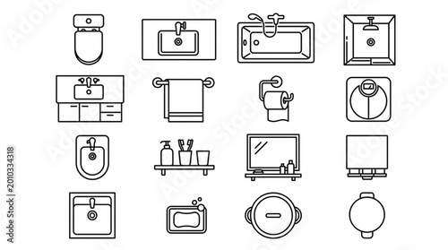 Konstfotografi Collection of bathroom fixtures and accessories line art icons.