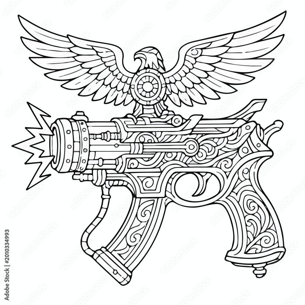 Fototapeta premium Intricate black and white line art illustration featuring a vintage ray gun topped with a majestic eagle in flight pose