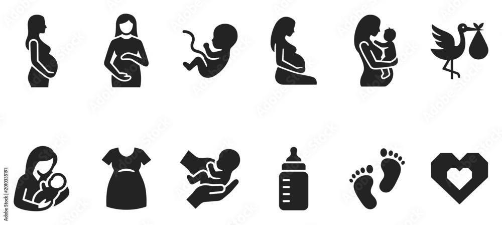 Obraz premium pregnancy and maternity silhouette icon set, mother baby newborn prenatal symbols including fetus breastfeeding stork and bottle, solid vector collection isolated on transparent background