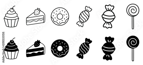 Schilderij op canvas dessert and candy outline icons set, cake cupcake donut sweets lollipop and conf