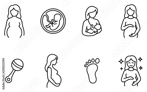 Photos pregnancy and maternity icon set, mother baby newborn and prenatal healthcare sy
