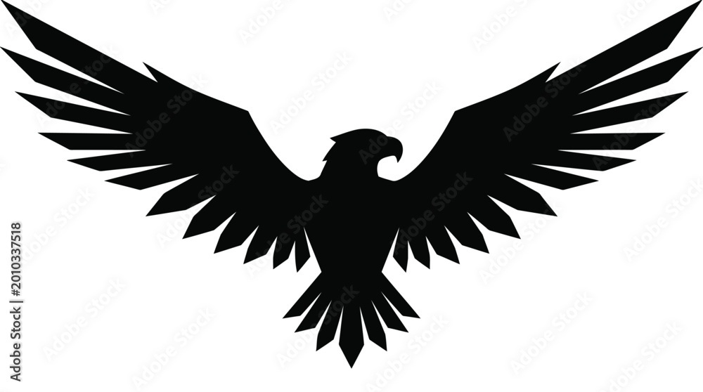 Fototapeta premium Majestic Spreading Wings Eagle Silhouette - Powerful Raptor Symbol Vector Illustration Isolated on White