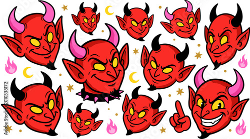 Fotografía Cartoon Devil Head Icon Set with Different Expressions, Horns, Flames, and Cosmi