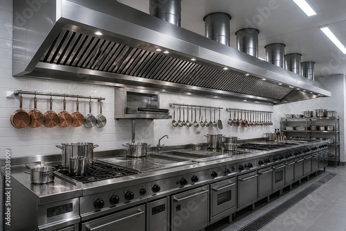 Professional Commercial Kitchen Interior with Stainless Steel Equipment.