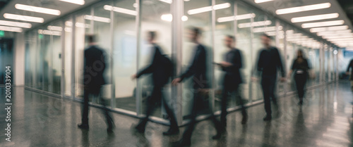 Foto Motion blur of business professionals walking in an office corridor, illustrating a busy work environment and team collaboration in a corporate setting