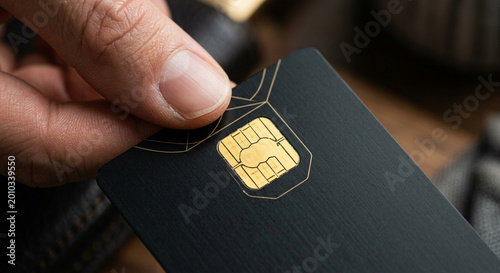 Macro shot of human finger holding premium black credit card with gold chip showing secure payment banking technology and luxury finance